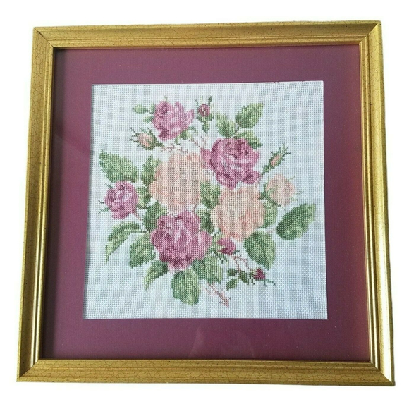 VTG Floral Needlepoint Matted Cross Stitch Pink Roses Gold Frame Flowers 12.5" - Picture 5 of 6